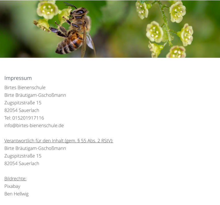 Impressum Birtes Bienenschule Birte Bräutigam-Gschoßmann Zugspitzstraße 15 82054 Sauerlach Tel: 015201917116 info@birtes-bienenschule.de  Verantwortlich für den Inhalt (gem. § 55 Abs. 2 RStV): Birte Bräutigam-Gschoßmann Zugspitzstraße 15 82054 Sauerlach   Bildrechte: Pixabay Ben Hellwig